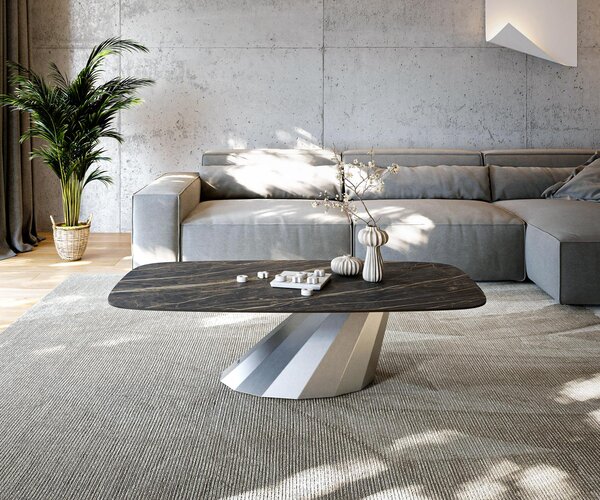 DELIFE Tavolino da divano Edge Boot, 140x80 cm, piano in laminato ceramico Lamina® color Noir Desir, struttura in acciaio inossidabile spazzolato color marrone