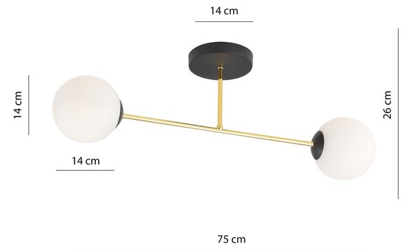 Plafoniera Moderna Magnium 2 Luci In Acciao Nero Oro E Sfere In Vetro Bianco