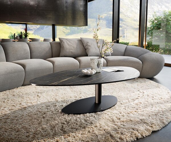 DELIFE Tavolino da divano Edge, design organico, 140x76 cm, piano in laminato ceramico Noir Desir, struttura in metallo nero