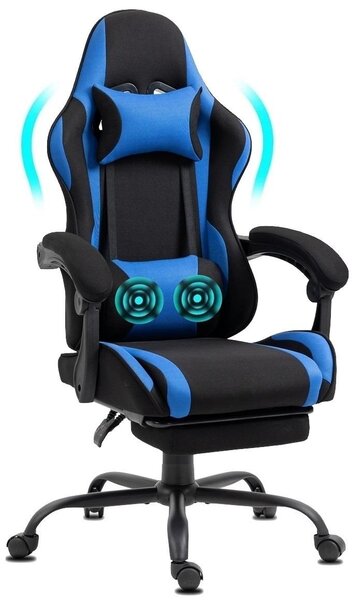 Delman Sedia da ufficio in tessuto Poltrona da gioco Poltrona da gioco ergonomica con poggiapiedi Poggiatesta Massaggio Cuscino lombare Sedia da gioco Girevole 02-0040 Blu