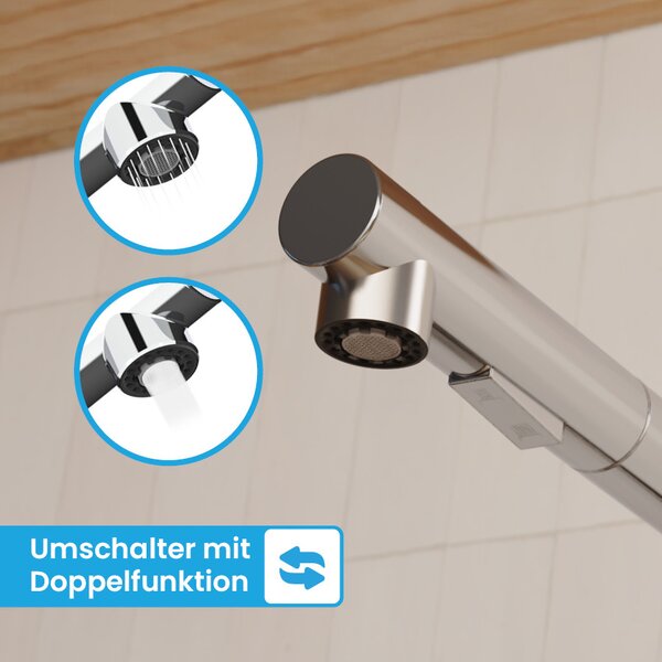 Miscelatore da cucina Bächlein orientabile a 360 gradi - Colore: cromo - Miscelatore monocomando in acciaio inox per lavello con tubo estraibile e spruzzino