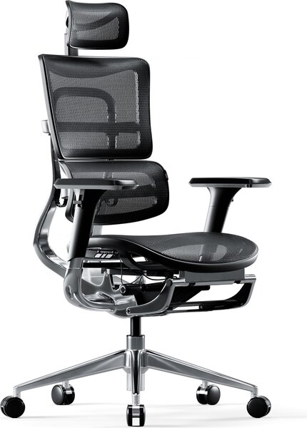 Diablo V-Master Sedia ergonomica per ufficio Sedia direzionale Poggiapiedi Bracciolo 3D Supporto lombare Poggiatesta regolabile e sedile in rete Nero