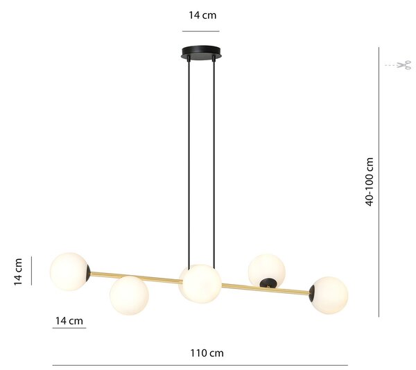 Sospensione Contemporanea Gravity 6 Luci In Acciaio Oro E Sfere In Vetro Bianco