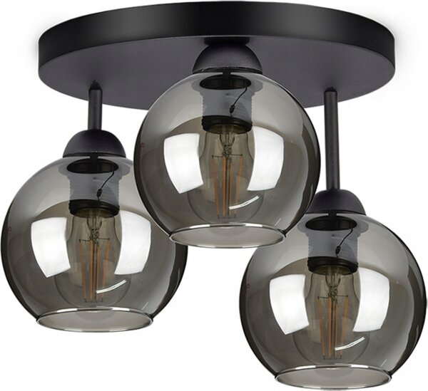 Plafond, lampada da soffitto con 3 sorgenti luminose, paralumi in vetro nero e trasparente, 3x E27
