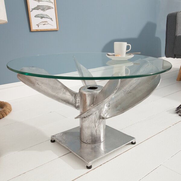 Tavolino riess-ambiente OCEAN, modello M, 60 cm, argento, piano in vetro, decorazione a forma di elica di nave, stile antico, forma rotonda