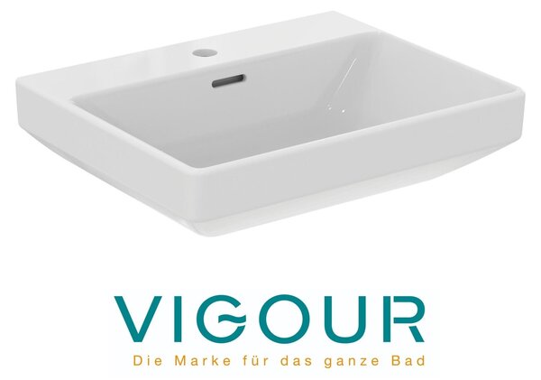 Lavabo VIGOUR DERBY V3 edge 60x48 cm con troppopieno e foro centrale per rubinetto, trattamento PflegetectPLUS, bianco