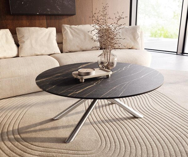 Tavolino DELIFE Edge, forma rotonda, 100x100 cm, piano in laminato ceramico Noir Desir, struttura in acciaio inossidabile spazzolato Sarity