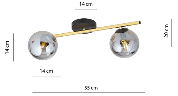 Plafoniera Contemporanea 2 Luci Splendi In Acciaio Oro/Nero E Sfere Vetro Fumè