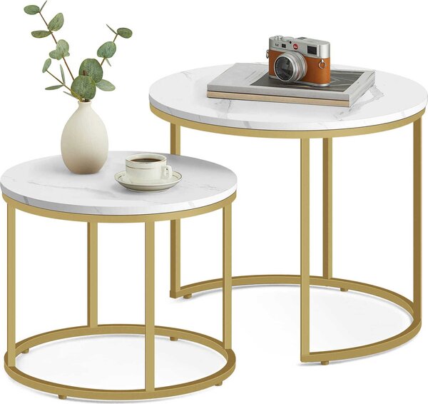 Set di 2 tavolini rotondi Tavolino Loft Design 2 in 1 Incastro Superficie antigraffio, soggiorno | Effetto marmo con gambe dorate