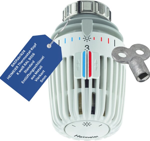 BADfabrik24 Testa termostatica HEIMEIER K bianco RAL 9016, standard + chiave di spurgo in metallo, quadro 5mm 1 pezzo