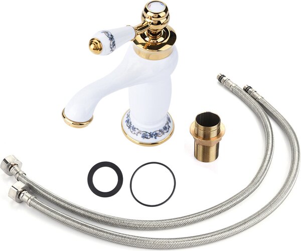Miscelatore monocomando con motivo floreale, rubinetto acqua calda/fredda per bagno, lavabo (bianco)