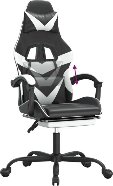 Sedia da Gaming con Poggiapiedi Nero e Bianco in Pelle finta