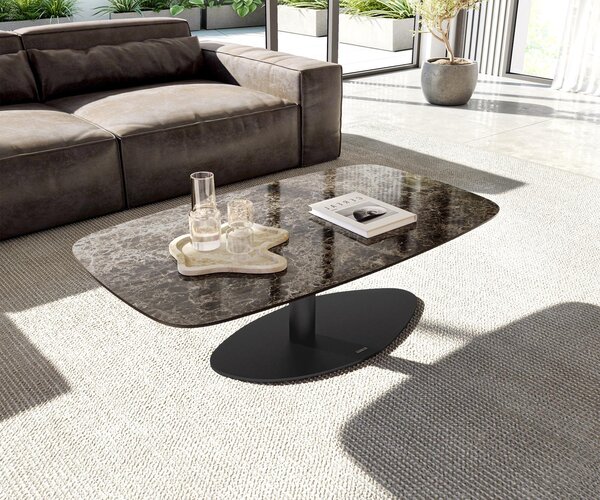 DELIFE Tavolino da divano Edge Boot, 120x70 cm, piano in Vetroceramica Emperador extra lucida, marrone scuro, struttura in metallo nero