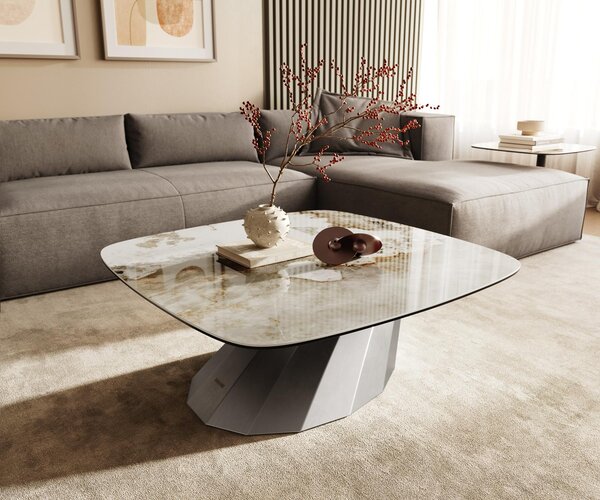 DELIFE Tavolino da divano Edge Boot, 90x90 cm, piano in Vetroceramica Minas Melange, struttura in acciaio inossidabile spazzolato