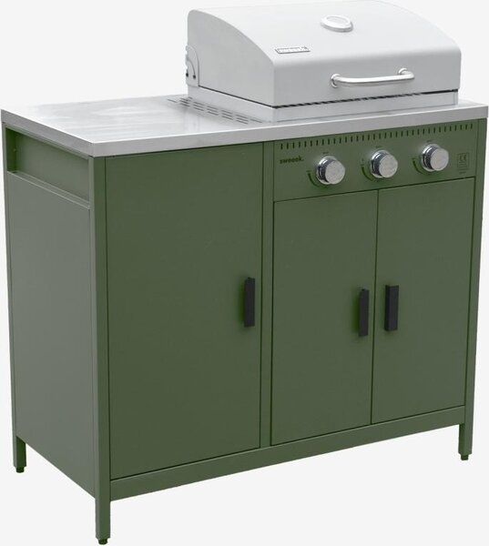 Modulo cucina da esterno in metallo con barbecue a gas a 3 bruciatori, Verde