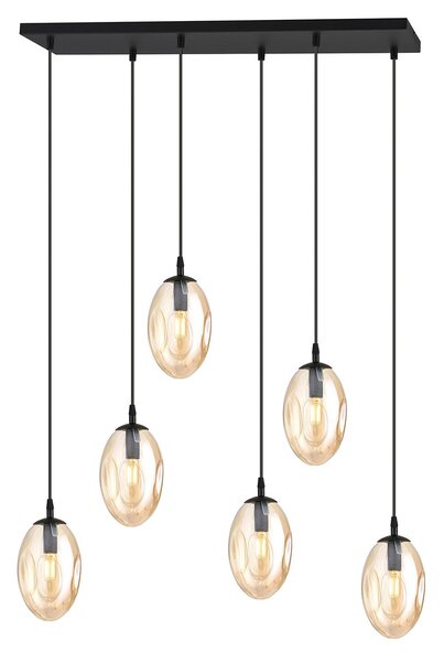 Sospensione Minimal 6 Luci Astral Acciaio Nero E Vetro Ambra