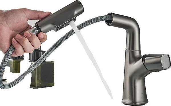 Rubinetto per lavabo, cartuccia in Vetroceramica, rotazione a 360 gradi, grigio