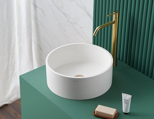 SANYCCES Lavabo da appoggio Lucena rotondo Ø 40 cm in fusione minerale, bianco opaco