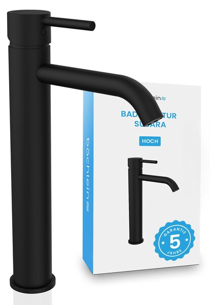 Rubinetto da bagno Bächlein Susara high con bocca curva, miscelatore monocomando di design extra high per lavabo da appoggio con cartuccia in Vetroceramica resistente e set di montaggio, rubinetto da bagno nero opaco