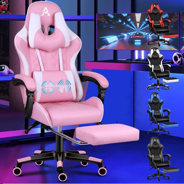 Sedia da gaming ergonomica con poggiapiedi - Rosa - Fino a 180 kg