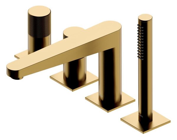 Set rubinetteria vasca da bagno con doccetta rubinetto bordo vasca 4 fori CONTOUR oro spazzolato