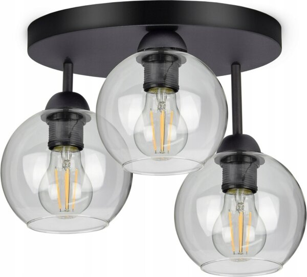 Plafond, lampada da soffitto con 3 sorgenti luminose, paralumi in vetro nero e trasparente, 3x E27
