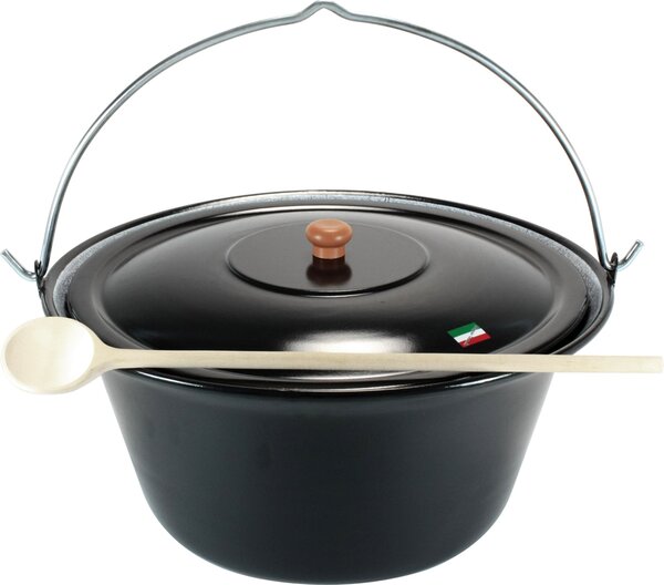 Bollitore per gulasch 22 litri per 15 persone coperchio smaltato cucchiaio di legno 50 cm