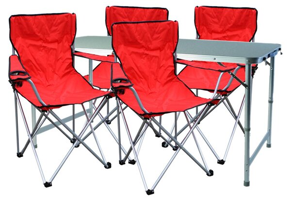 Set di mobili da campeggio da 5 pezzi, rosso: 4 sedie con borsa inclusa + 1 tavolo XXL