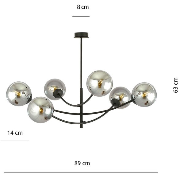 Sospenione Moderna 6 Luci Hunter In Acciaio Nero Bracci Regolabili E Vetro Fumè