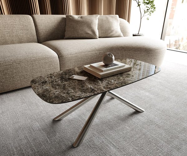 DELIFE Tavolino Edge Boot 100x50 cm Vetroceramica Laminam® Emperador Extra Lucidato Marrone scuro Sarity Acciaio inossidabile spazzolato