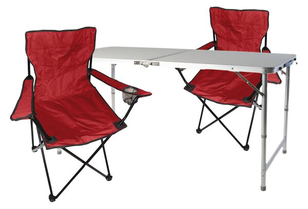 Set da campeggio composto da 3 elementi: tavolo rosso con altezza regolabile e due sedie con borsa per il trasporto