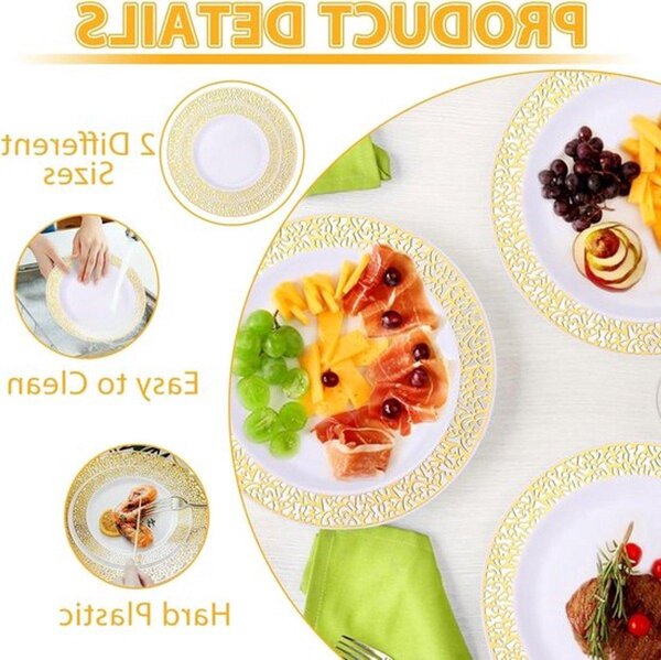 Piatti di plastica bianca con bordo dorato – Piatti riutilizzabili per feste, matrimoni e compleanni, disponibili nelle dimensioni di 19 cm e 26 cm, stabili ed eleganti