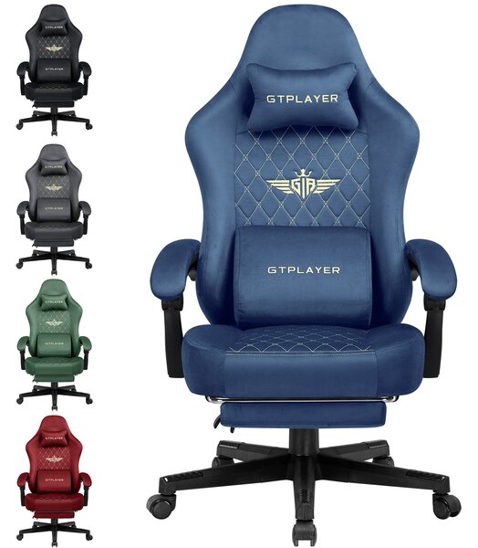 GTPLAYER Sedia da gioco in tessuto Sedia da gioco ergonomica per ufficio Sedia per PC, Sedia da scrivania regolabile e girevole con poggiapiedi, blu