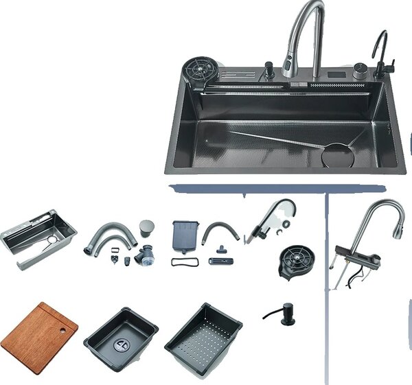 Lavello da cucina in acciaio inox, rubinetto multifunzione, display temperatura, set lavello D2