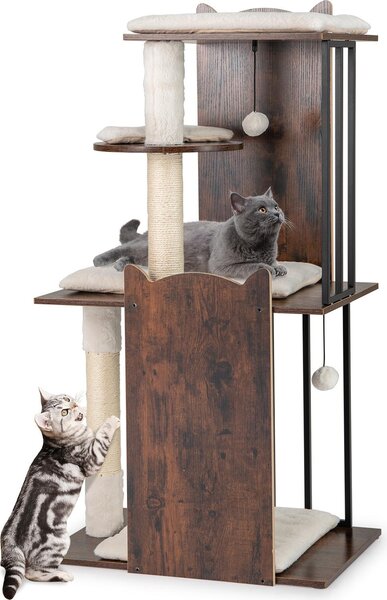 COSTWAY tiragraffi in legno e metallo, 112 cm, albero per gatti con tiragraffi, 4 piattaforme, palline e cuscino rimovibile, tiragraffi per gatti, marrone vintage