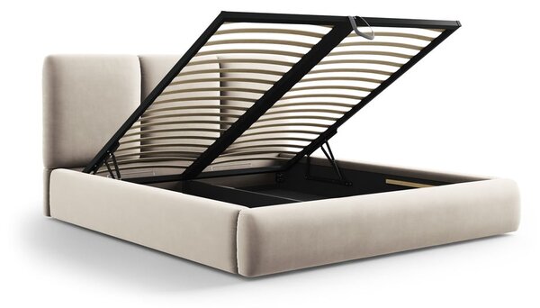Letto matrimoniale imbottito color crema in velluto con contenitore con rete inclusa 160x200 cm Brody – Mazzini Beds