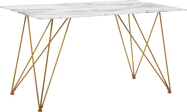 BELIANI - Tavolo da pranzo, grigio, bianco, oro, 80 x 140 cm, gambe a forma di "V", piano in vetro temperato, aspetto marmo, rettangolare, design moderno