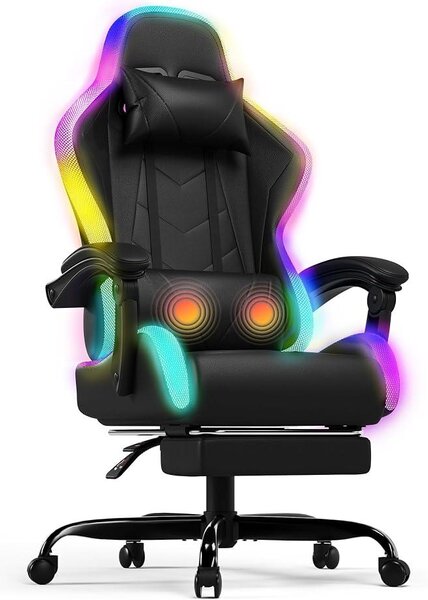 Sedia da gaming – Sedia da ufficio ergonomica con funzione massaggio e poggiapiedi telescopico, schienale regolabile (90-135°), adatta a giocatori fino a 150 kg, design che protegge la vista, colore nero