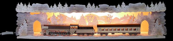 Arco portacandele "Con la ferrovia attraverso l'Erzgebirge" innevato (75x20x15 cm) di Tietze Erzgebirgsdesign