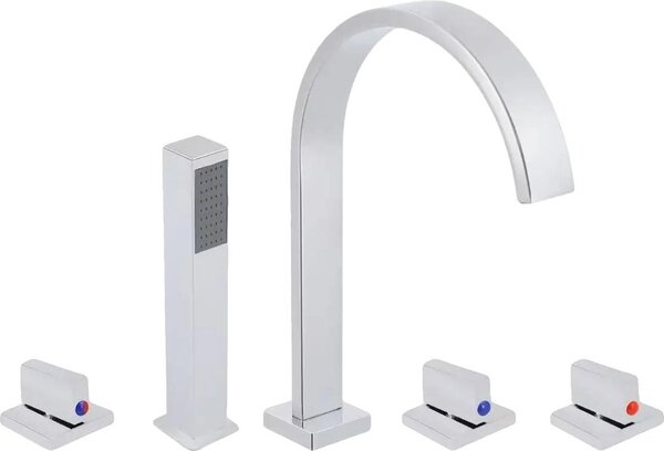 Rubinetto per lavabo, corpo in acciaio inossidabile, montaggio a vista, configurazione a 5 fori, doppio scarico dell'acqua, design a 3 maniglie