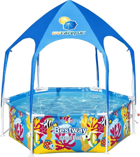 Bestway® Steel Pro™ Frame Piscina con ombrellone "Splash-in-Shade" senza pompa Ø 183 x 51 cm, design subacqueo colorato, rotonda