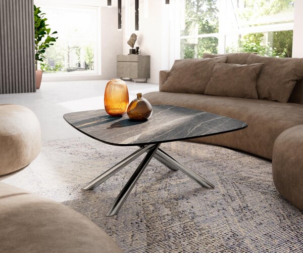 DELIFE Tavolino da divano Edge, modello Boot, 90x90 cm, piano in laminato ceramico Noir Desir, struttura in acciaio inossidabile spazzolato color bronzo Sarity