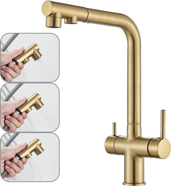 Rubinetto da cucina filtrato, doppia maniglia, doccetta estraibile, oro spazzolato