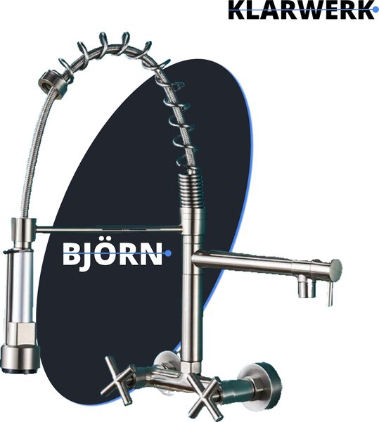 Bjorn | Rubinetteria da parete per ristorazione argento spazzolato | Rubinetto da cucina professionale in acciaio inox per due docce | Rubinetto per doppio lavello da parete per ristoranti