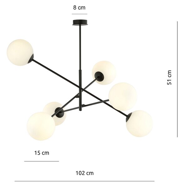 Lampadario 6 Luci Linear In Acciao Nero Con Bracci Regolabili E Vetro Opale