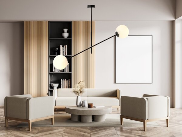 Lampadario 2 Luci Linear In Acciao Nero Con Bracci Regolabili E Vetro Opale