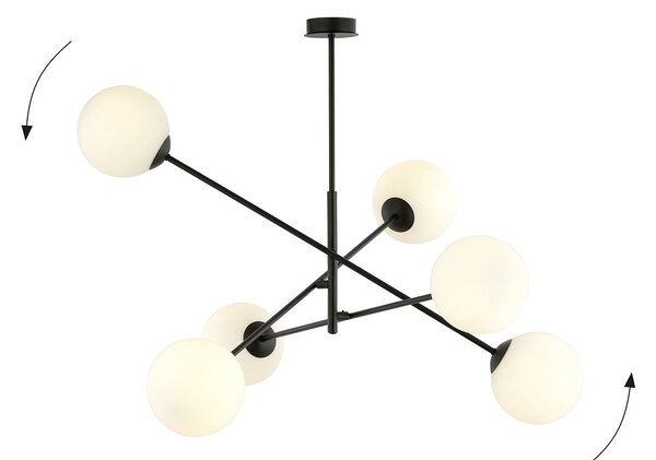 Lampadario 6 Luci Linear In Acciao Nero Con Bracci Regolabili E Vetro Opale