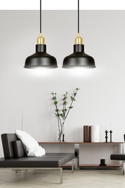 Lampadario Industrial 2 Luci Ibor In Acciaio Nero Con Elementi In Oro