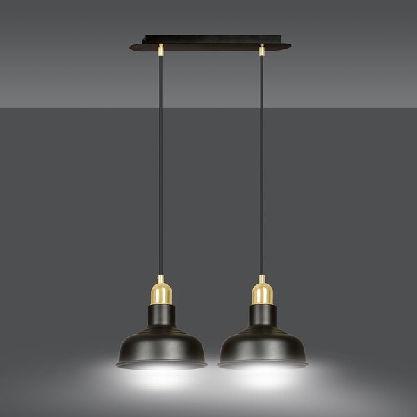 Lampadario Industrial 2 Luci Ibor In Acciaio Nero Con Elementi In Oro