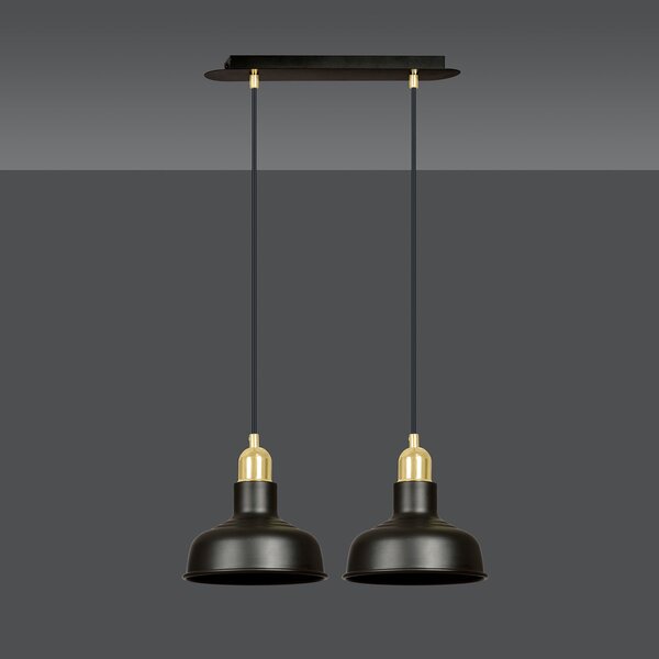 Lampadario Industrial 2 Luci Ibor In Acciaio Nero Con Elementi In Oro